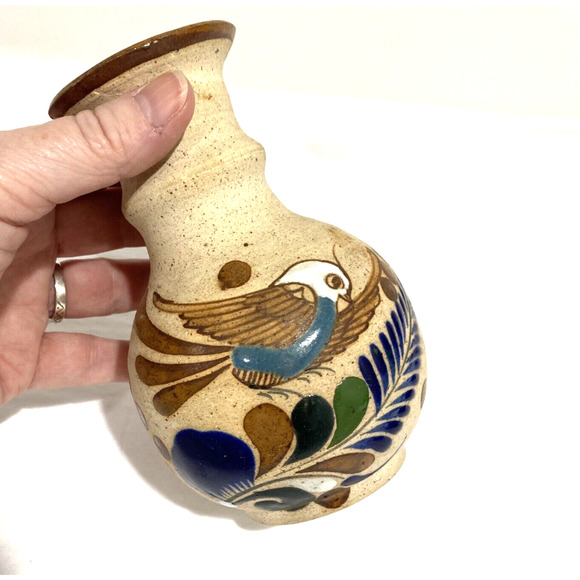 Tonala Mexican pottery bud vase stoneware bird feathers brown cobalt signed - Picture 3 of 8